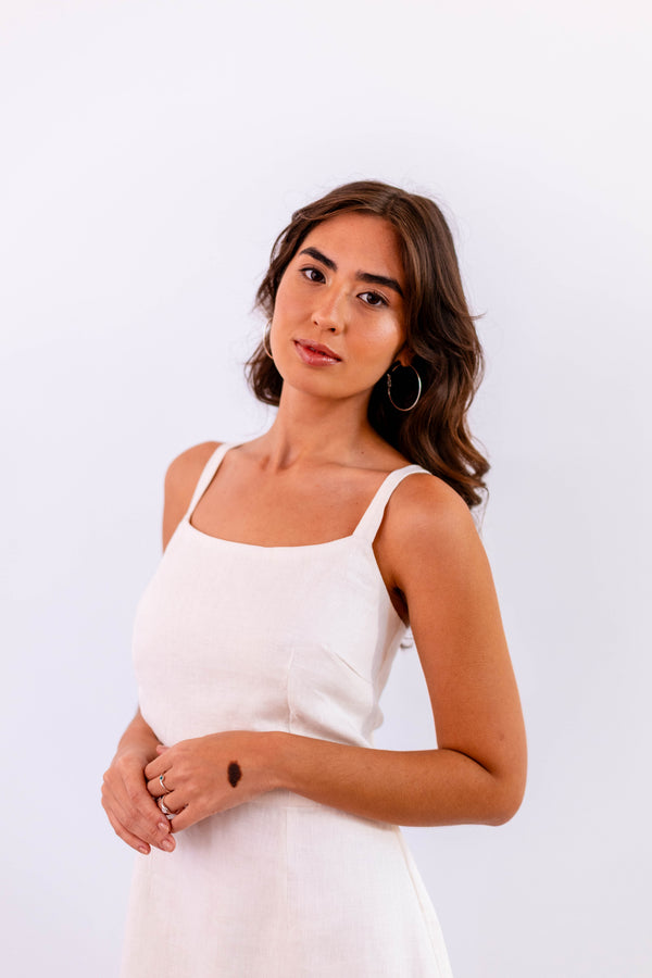 VESTIDO CURTO LINHO OFF-WHITE - LINA BE